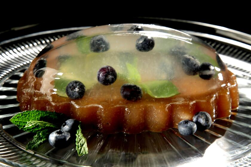 LOS ANGELES, CA., MARCH 22, 2018--Jello molds are a brightly colored dessert made of sweetened refrigerated gelatin. It is often layered and displayed before serving to show off its smooth, sculpted shape. The gelatin will take the shape of any mold you decide to use. 1.) Blueberry Gin and Tonic Gelatin. (Kirk McKoy / Los Angeles Times)