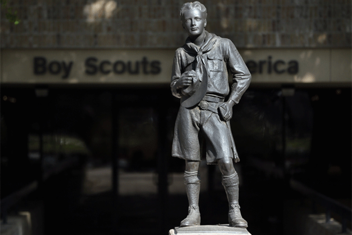 A statue of a Boy Scout outside the Boy Scouts of America headquarters in Irving, Texas.