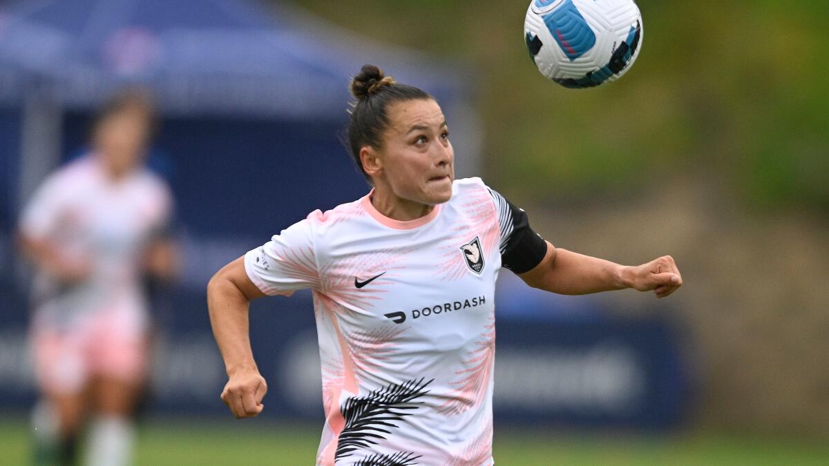 Angel City's Ali Riley plays during an NWSL Challenge Cup soccer match.