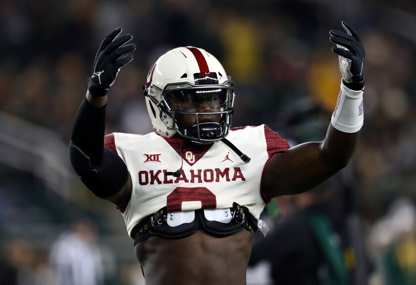 Oklahoma's Kenneth Murray gets psyched up before a game against Baylor in November.