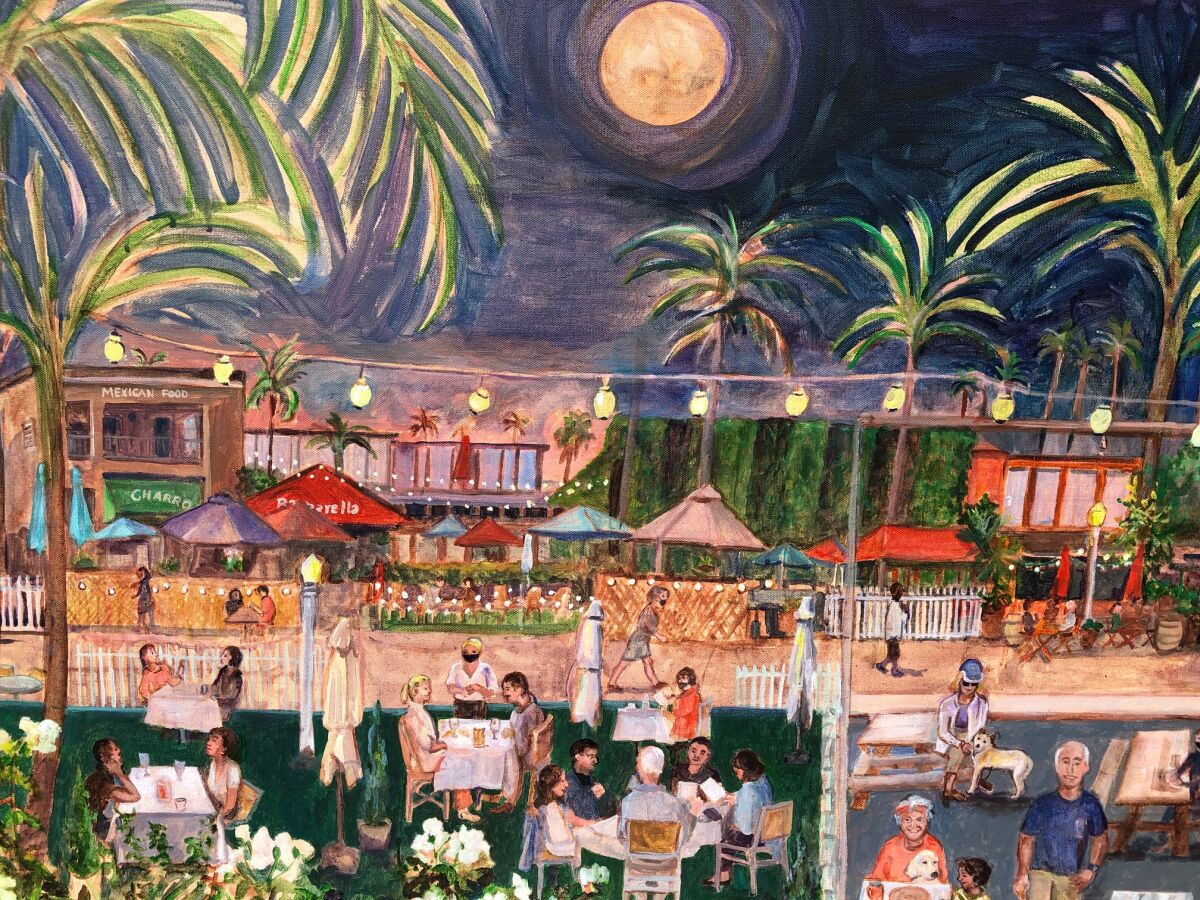 La Jolla Shores resident and artist Paula McColl painted this scene of The Shores' outdoor dining program. 