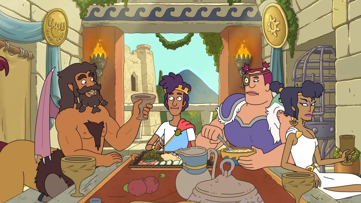 Shlub, Tyrannis, Stupendous and Deliria sit around a table eating and drinking.