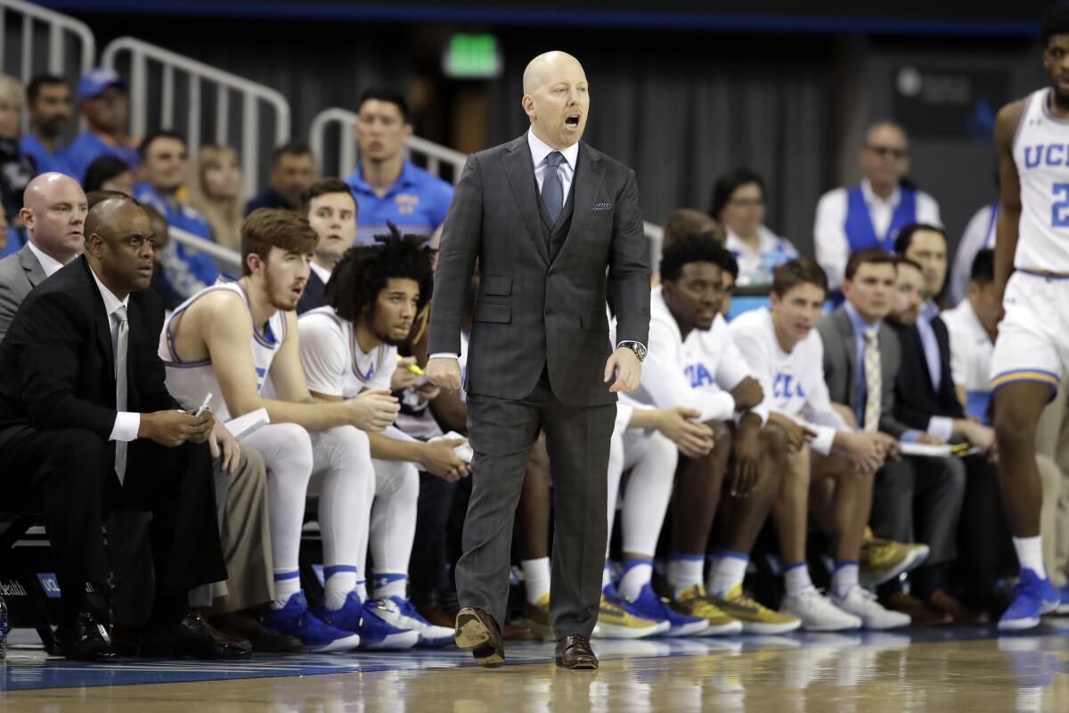 UCLA coach Mick Cronin instructs his players during a win over Washington State on Feb. 13.