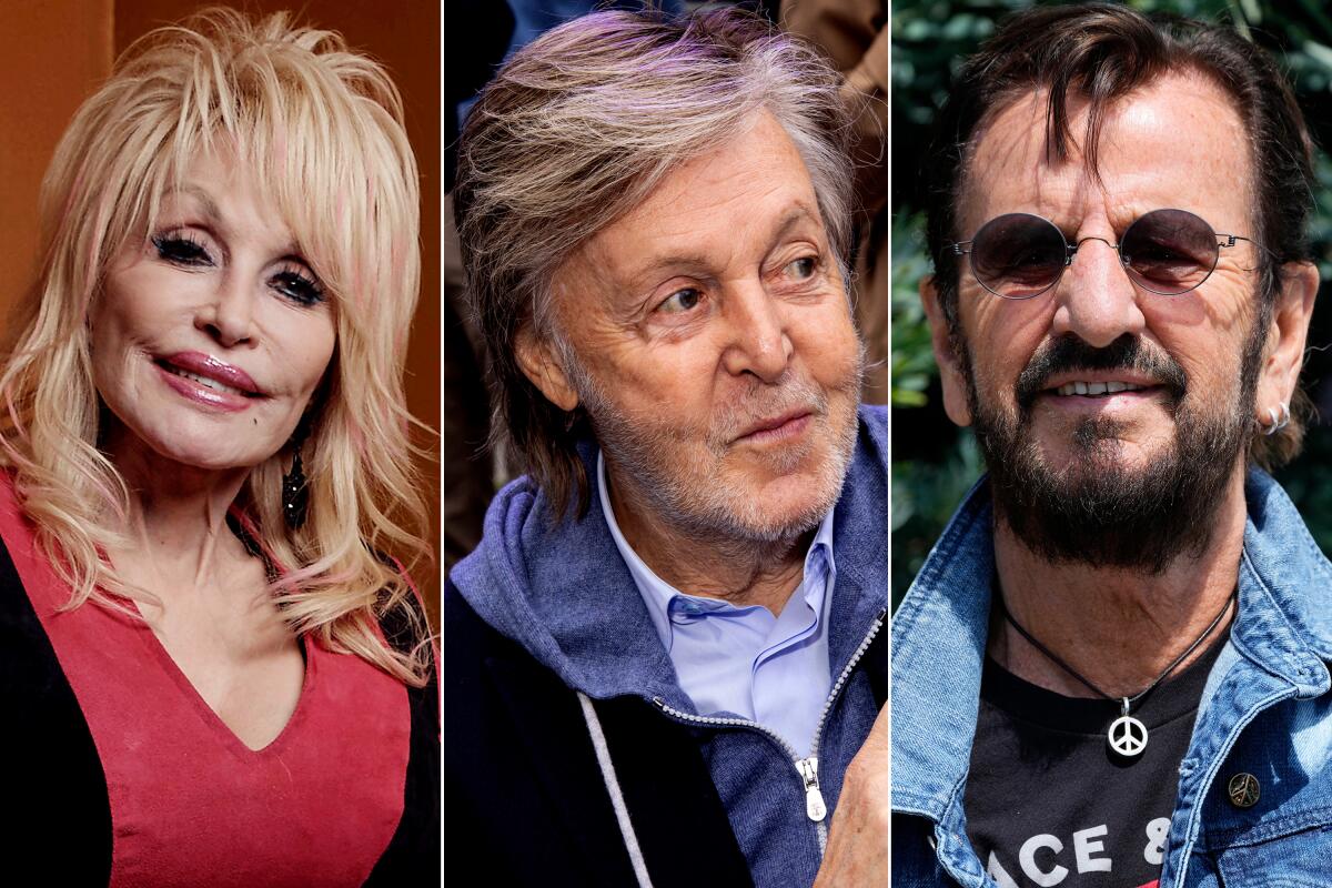 Side-by-side photos of Dolly Parton, Paul McCartney and Ringo Starr