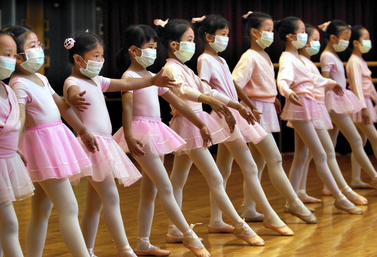 Young ballet students in Hong Kong wear protective masks in April 2003, during the height of the SARS scare in the city.
