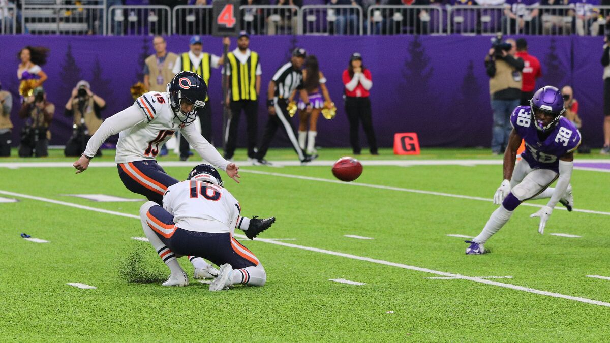 Eddy Pineiro kicks the winning field goal in the Chicago Bears' triumph over the Minnesota Vikings on Sunday.