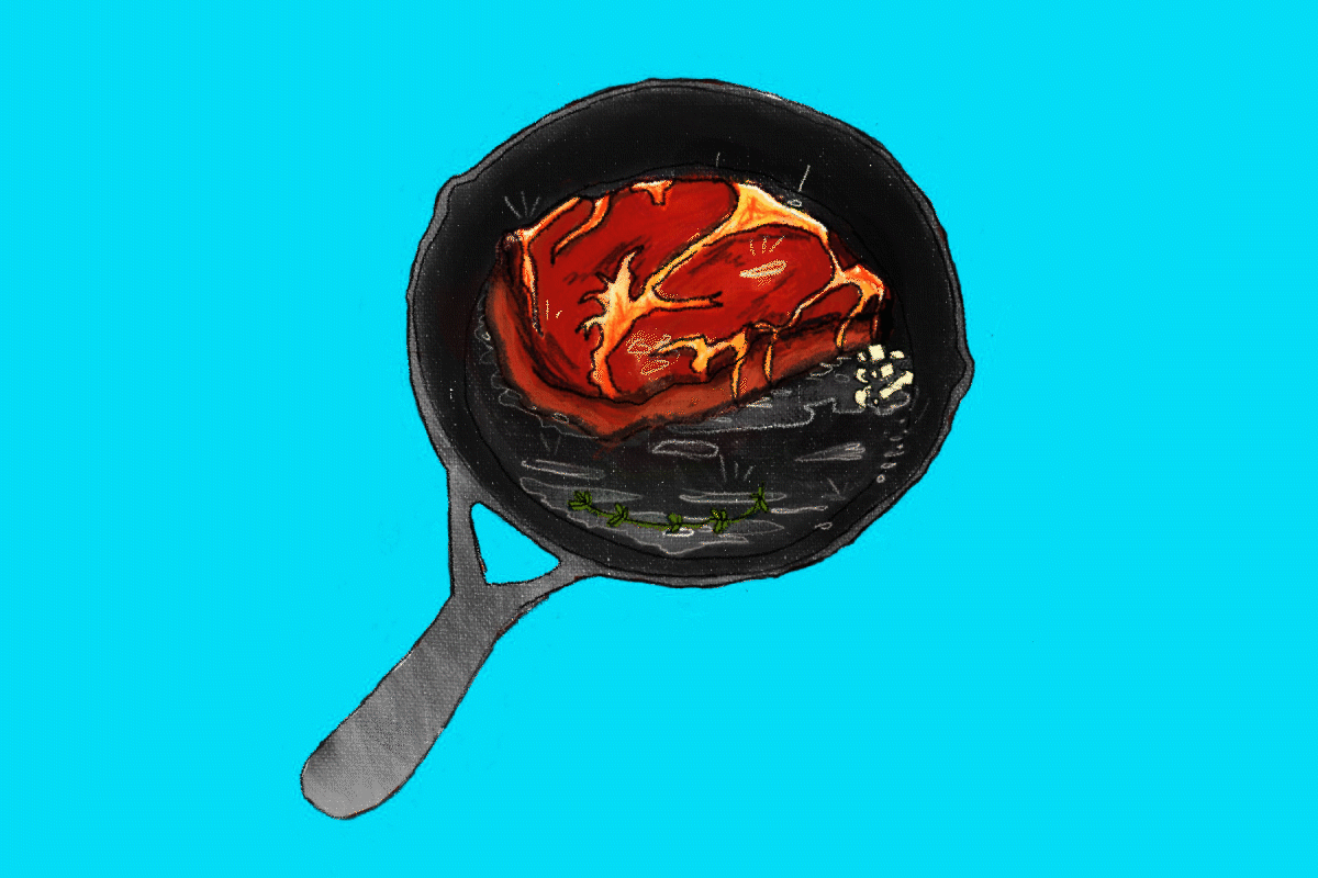 Moving illustration that shows a steak in a pan