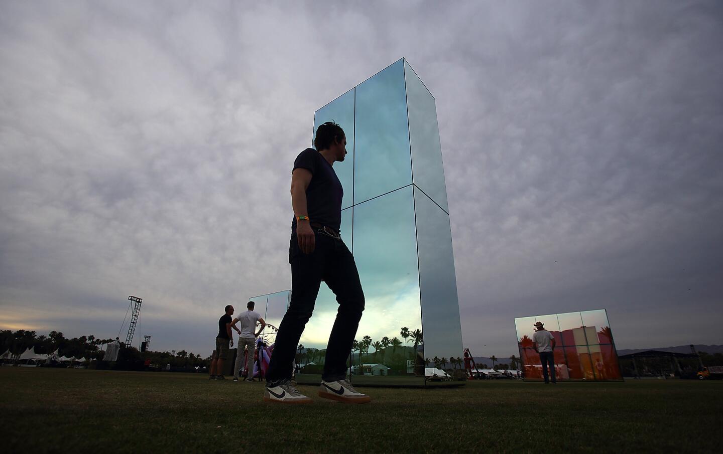 The art installation "Reflection Field" by Phillip K. Smith III stands at the Coachella Music and Arts Festival in Indio.