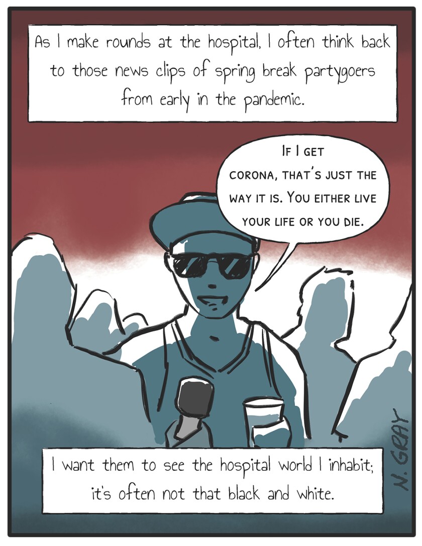 A series of nine Nathan Gray panels on medical purgatory in the time of the COVID-19 pandemic