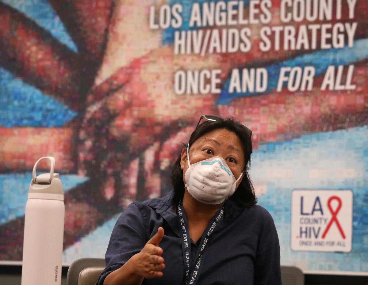 Jolene Yoneoka speaks during a meeting at an L.A. County office.