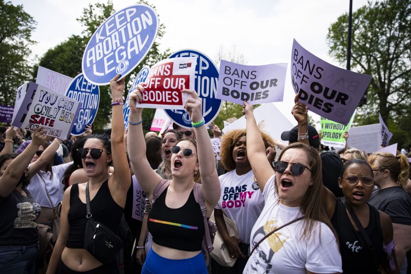 Pro-choice demonstrators during a protest outside the U.S. Supreme Court in Washington, D.C., U.S., on Tuesday, May 3, 2022. Abortion rights suddenly emerged as an issue that could reshape the battle between Democrats and Republicans for control of Congress, following a report that conservatives on the U.S. Supreme Court were poised to strike down the half-century-old Roe v. Wade precedent. Photographer: Al Drago/Bloomberg via Getty Images