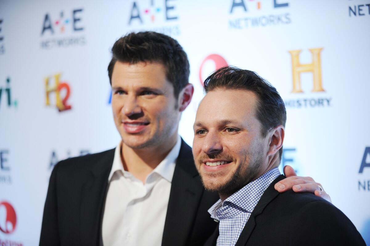 The Lachey brothers Nick, left, and Drew are shown in New York City.