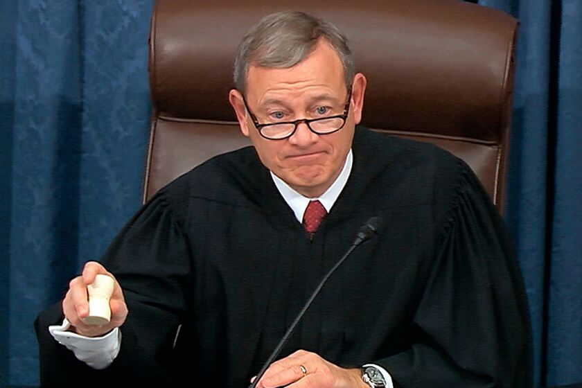 An image taken from video shows Supreme Court Chief Justice John G. Roberts Jr. at the impeachment trial on Thursday.