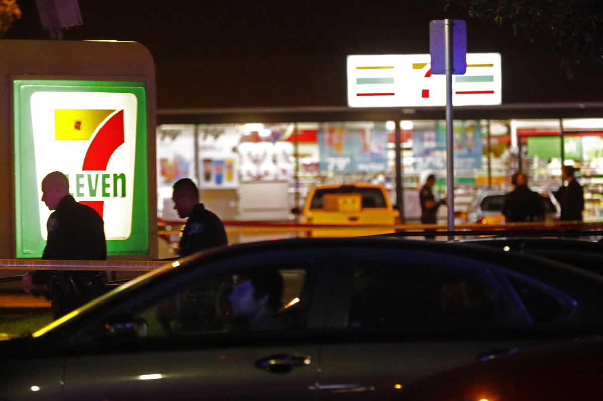 A 7-Eleven store along First Street at Harbor Boulevard in Santa Ana, where a security guard was fatally stabbed.