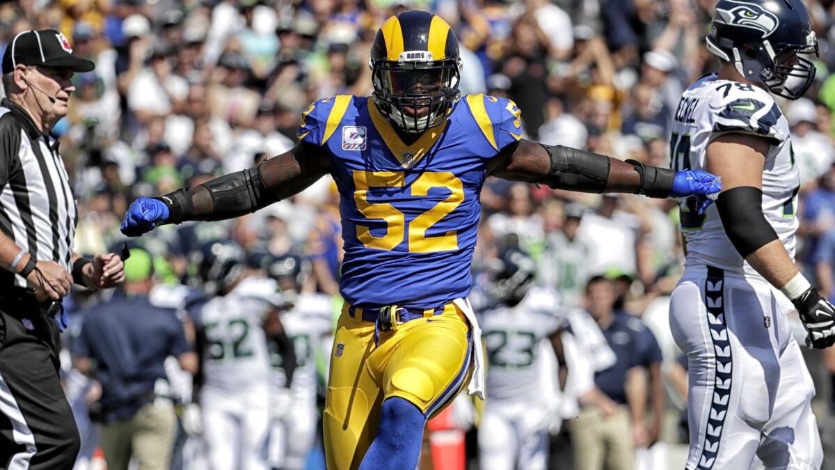 Rams linebacker Alec Ogletree celebrates after a making a tackle against the Seattle Seahawks on Oct. 8.