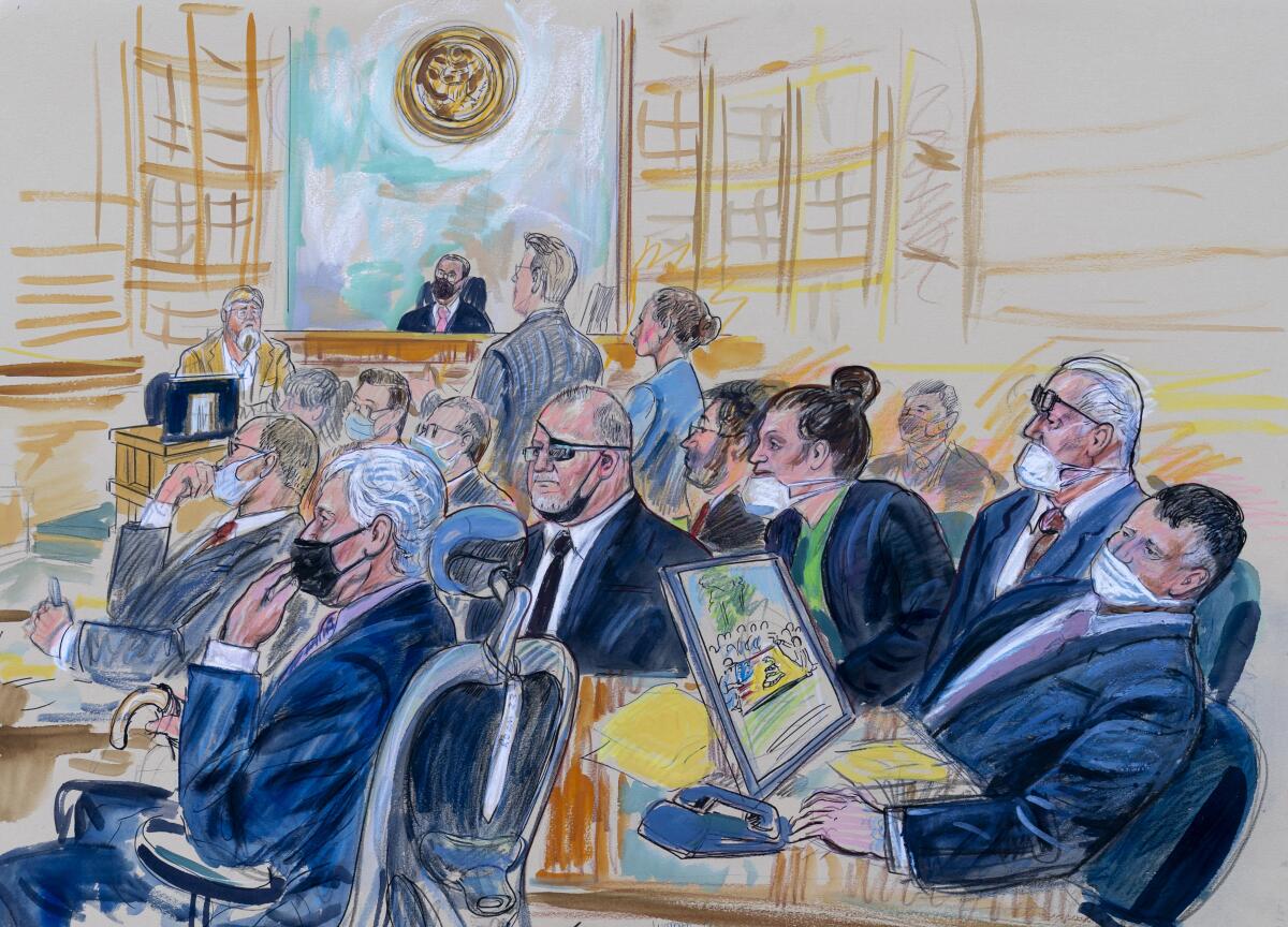 This artist sketch depicts the trial of Oath Keepers leader Stewart Rhodes and four others 