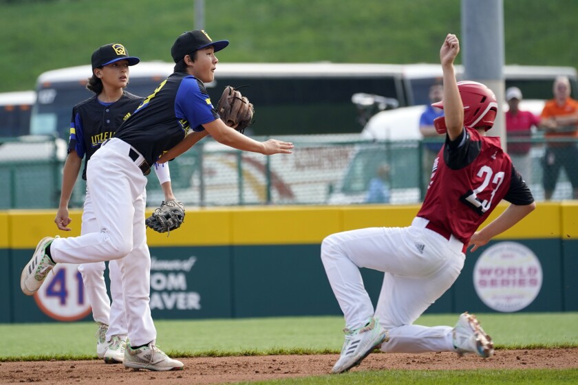 Torrance shortstop Gibson Turner forces Hamilton, Ohio's JJ Vogel at second base.