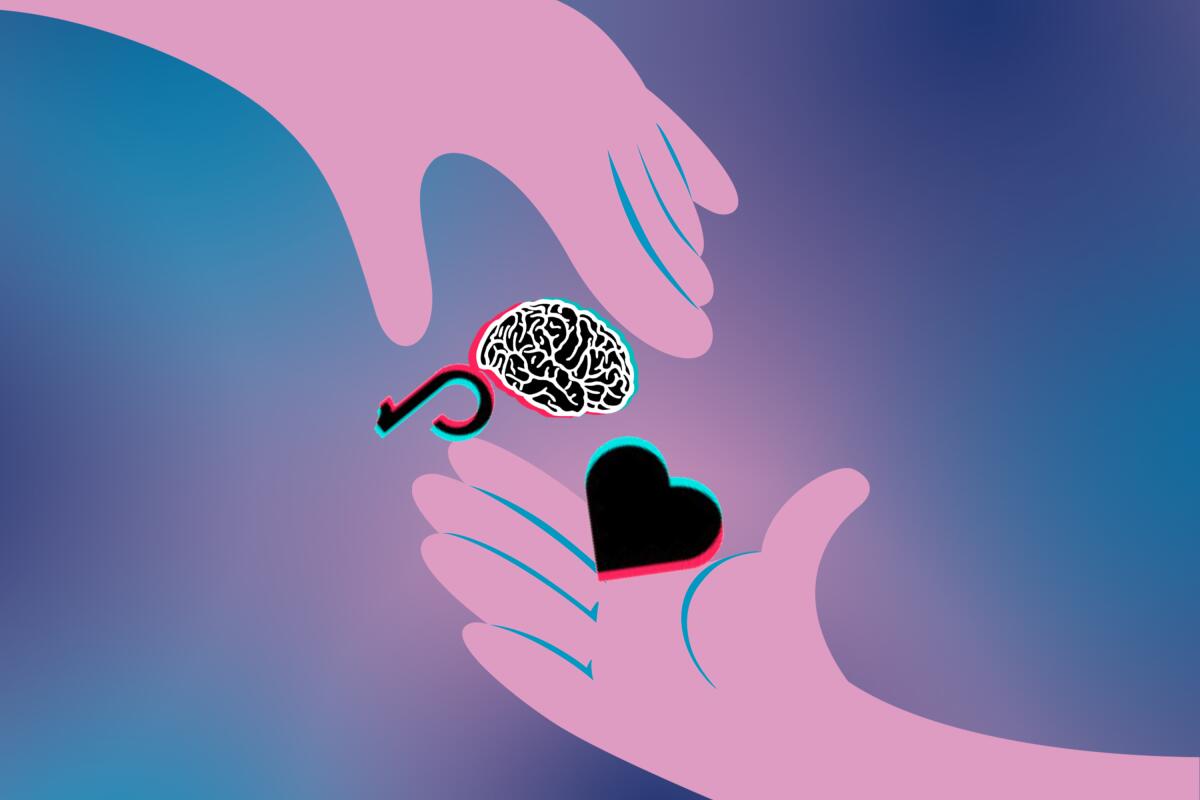 Illustration of an outstretched hand with a heart, brain and TikTok logo
