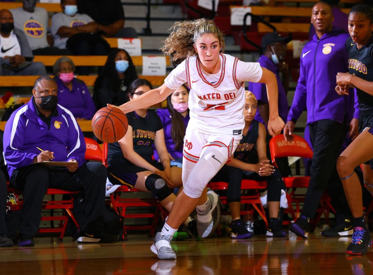 Brooke Demetre dribbles the basketball on the perimeter.