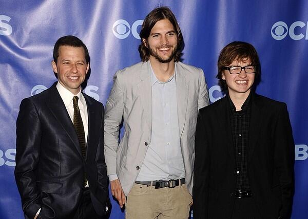 At the annual TV upfronts in New York, where networks announce their lineups to draw advertisers in advance of the fall TV season, stars of upcoming shows were on hand. CBS' new hire for "Two and a Half Men's," Ashton Kutcher, center, poses with his costars, Jon Cryer, left, and Angus T. Jones.