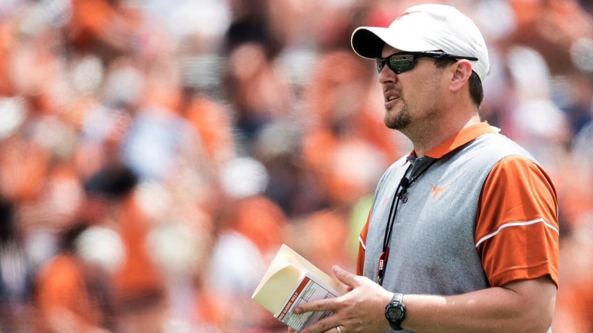 New Texas Coach Tom Herman looks on during the Longhorns' spring game on April 15.