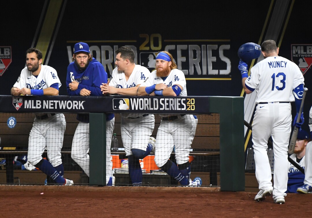 Dodgers first baseman Max Muncy walks back to the dugout after striking out against the Rays.