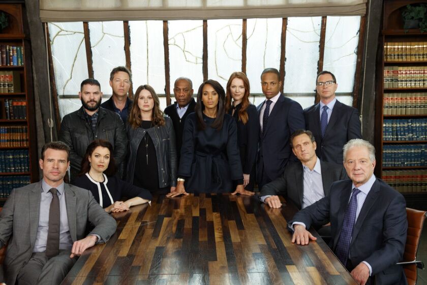 HOLLYWOOD,CA --MONDAY, MARCH 12, 2018--The cast of ABC's "Scandal," led by Kerry Washington, center, pose for a cast portrait during the final week of filming their series, on the Olivia Pope & Associates set, at the Sunset Gower Studios, in Hollywood, CA, March 12, 2018. (Jay L. Clendenin / Los Angeles Times)