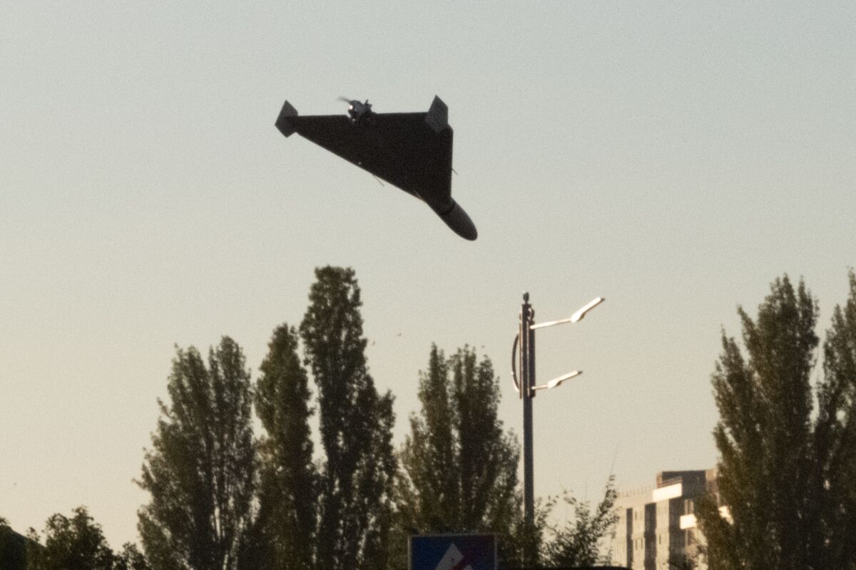 A drone approaches for an attack in Kyiv on Oct. 17, 2022.
