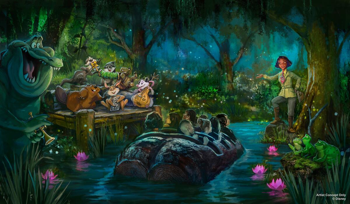 Concept art for Tiana’s Bayou Adventure, which is coming to Disneyland in 2024 in the former Splash Mountain space.
