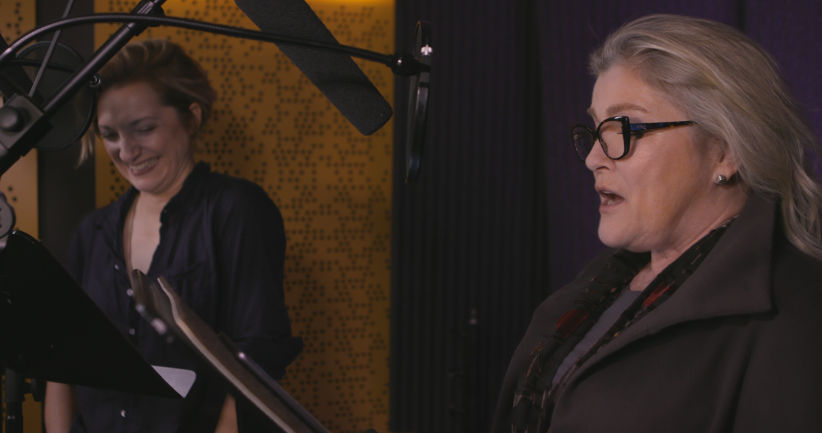 Francesca Faridany, left, and Kate Mulgrew's audio performance of "The Half-Life of Marie Curie," captured in Audible’s Newark studio, was released on the production's opening night.