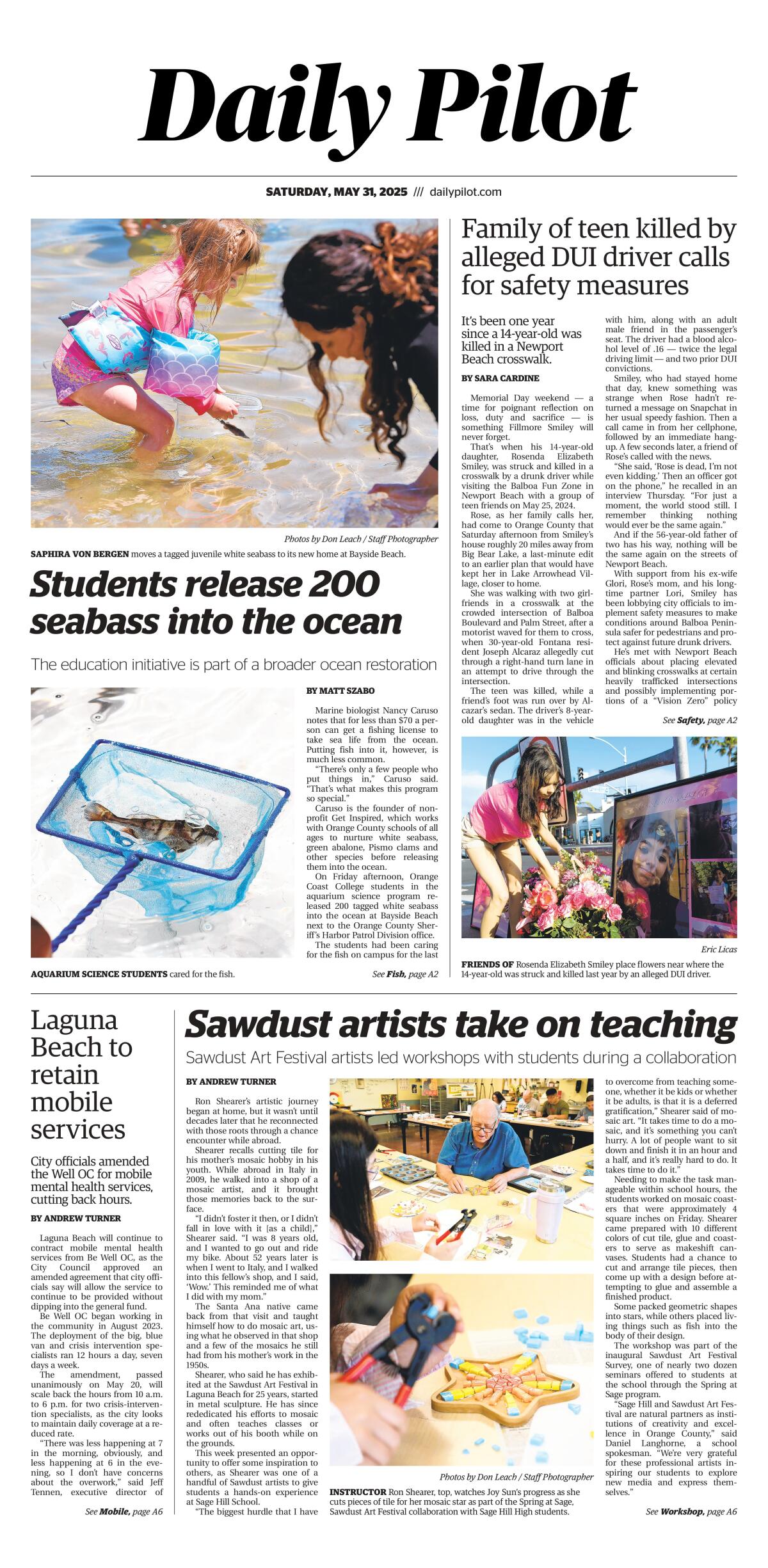 Front page of the Daily Pilot e-newspaper for Saturday, May 31, 2025.