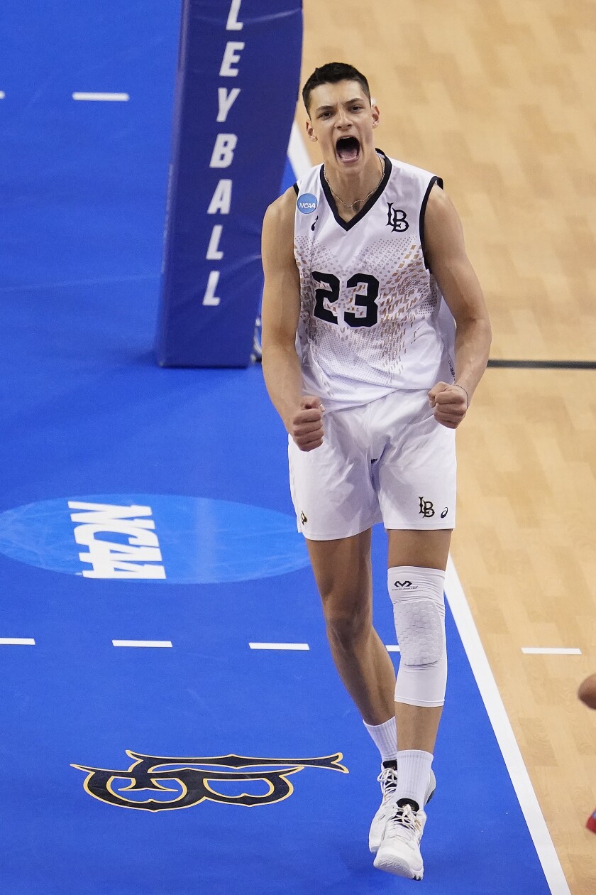 Long Beach State outside hitter Alex Nikolov celebrates a point over Hawaii on May 7, 2022.