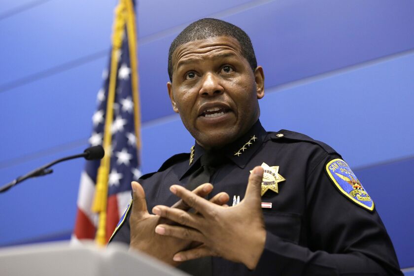 FILE - In this May 21, 2019, file photo, San Francisco Police Chief William Scott answers questions during a news conference in San Francisco. Black police chiefs representing departments from across California on Friday called for changing state law so they can immediately fire officers for egregious behavior, with due process appeals only after the fact. California has some of the nation's toughest police disciplinary rules and until last year the nation's most secretive police privacy law. (AP Photo/Eric Risberg, File)