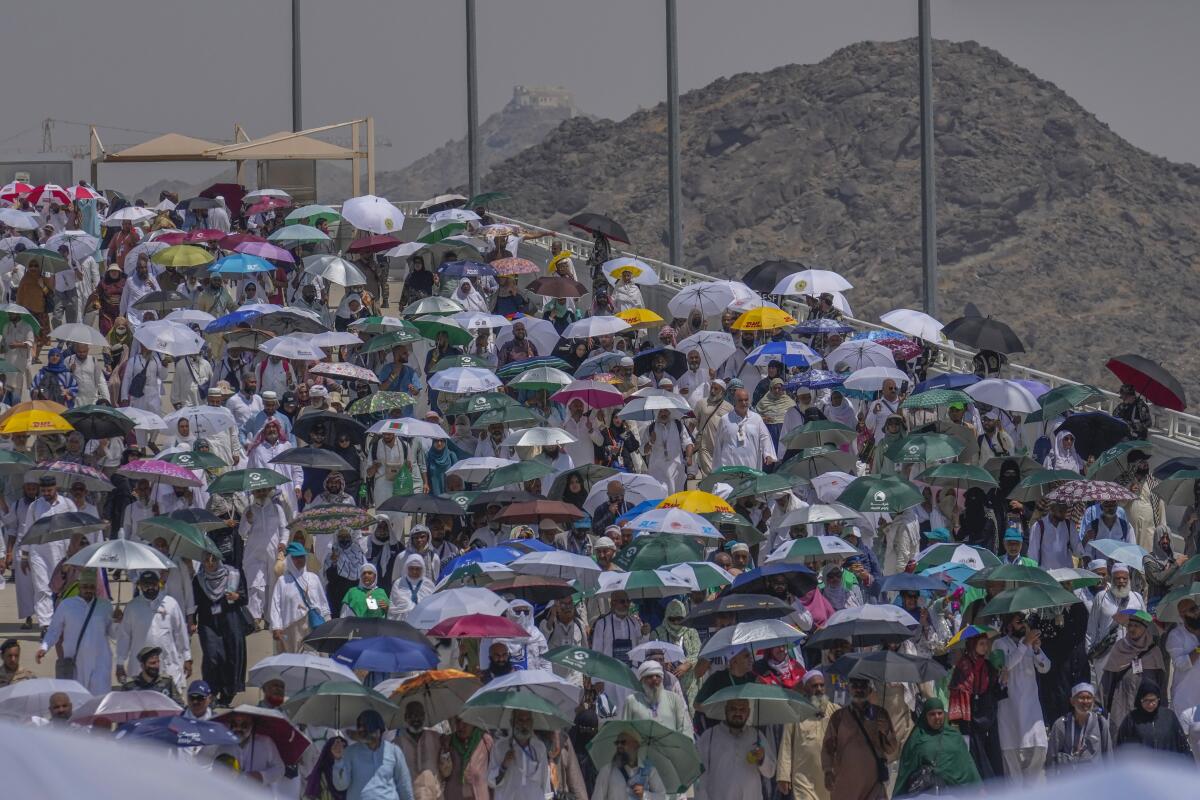 Muslim pilgrims use umbrellas to shield themselves from the sun in Mina, near the holy city of Mecca, Saudi Arabia.