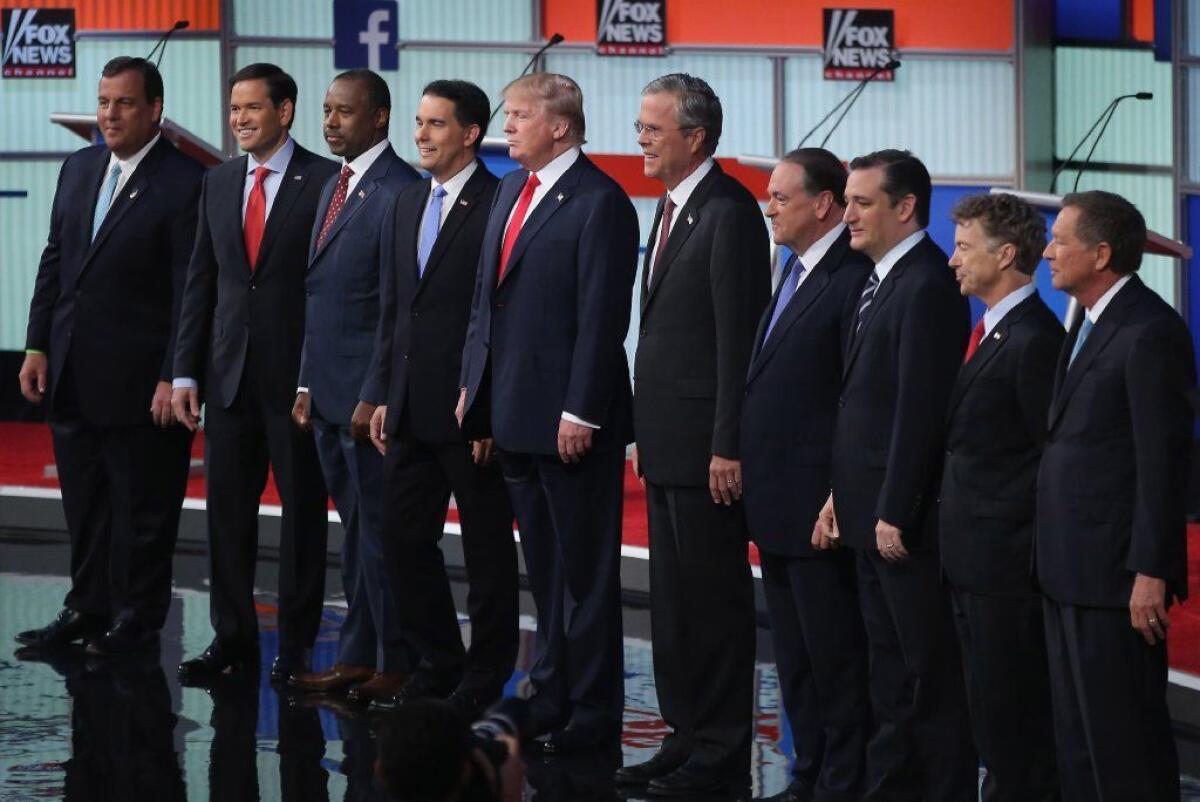 The 10 top-polling Republican presidential candidates take the stage for their first debate of the 2016 cycle at the Quicken Loans Arena in Cleveland on Aug. 6, 2015.