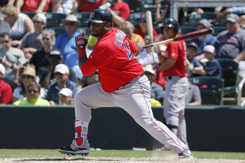 Red Sox infielder Pablo Sandoval follows through on a ground out to third in a spring training game on Mar. 31.