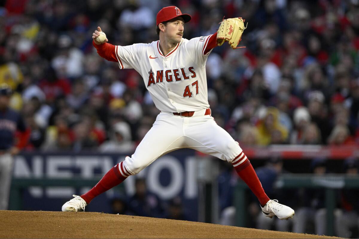 Angels pitcher Griffin Canning delivers during the first inning against the Red Sox at Angel Stadium.