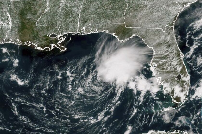 This GOES-East GeoColor satellite image taken Friday, June 2, 2023 at 1:21 p.m. EDT., and provided by NOAA, shows Tropical Storm Arlene, the first named storm of the Atlantic hurricane season, in the Gulf of Mexico off the west coast of Florida. (NOAA via AP)