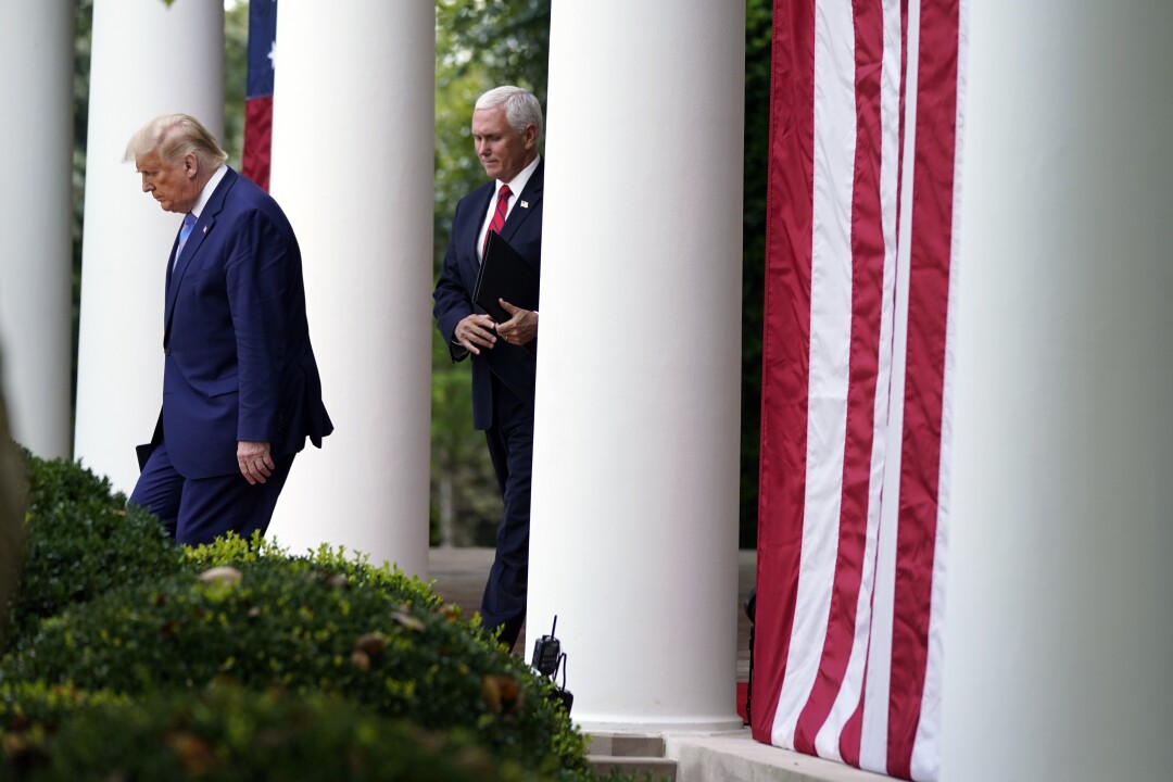 President Trump arrives with Vice President Mike Pence to speak about coronavirus testing on Monday