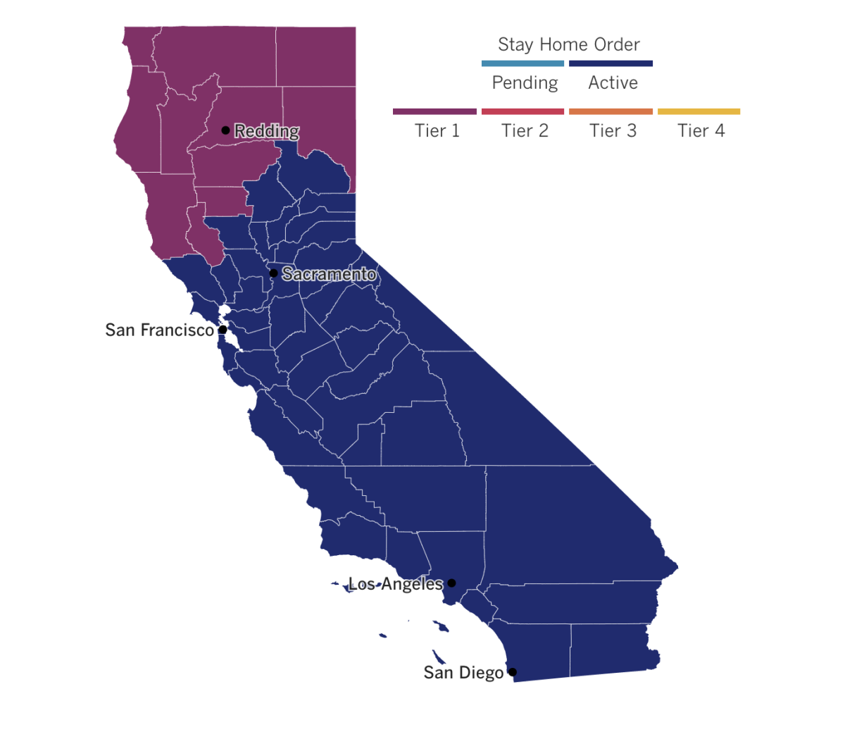 A map showing most of California under stay-at-home order due to low ICU capacity and some northern counties still in Tier 1.
