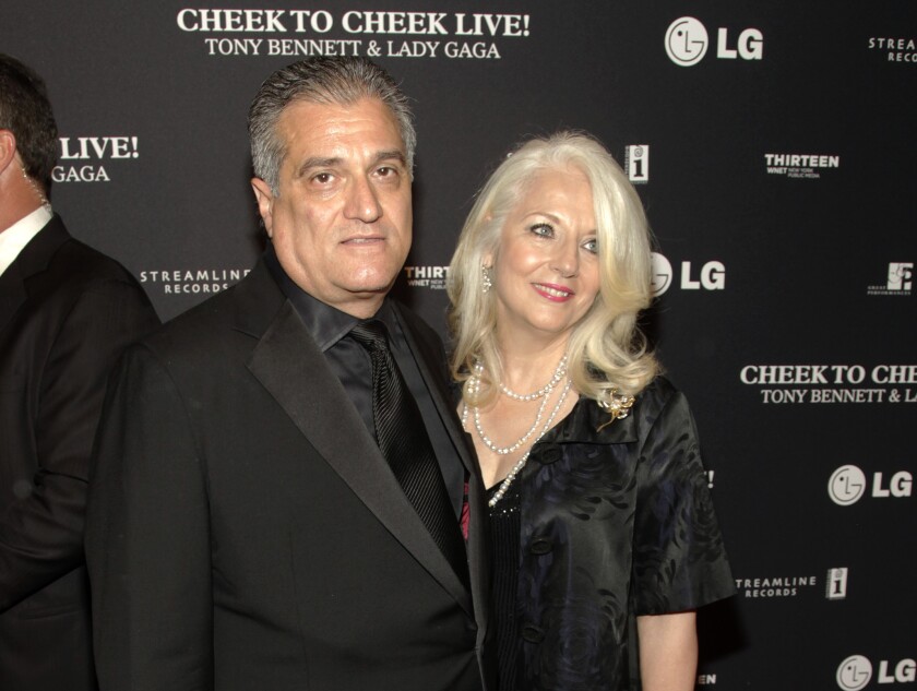 FILE - This July 28, 2014 file photo shows Joe Germanotta, left, and Cynthia Germanotta at a Tony Bennett and Lady Gaga concert taping in New York. Joe Germanotta, father of singer-actress Lady Gaga, is refusing to pay $260,000 in rent and fees for his restaurant at New York City's Grand Central Terminal, saying the homeless population is hurting his business. Owner of Art Bird & Whiskey Bar, Germanotta said he wants the Metropolitan Transit Authority, which oversees the busy commuter train station, to renegotiate his rent or release him from his lease, which expires in 2028. (Photo by Andy Kropa/Invision/AP, File)