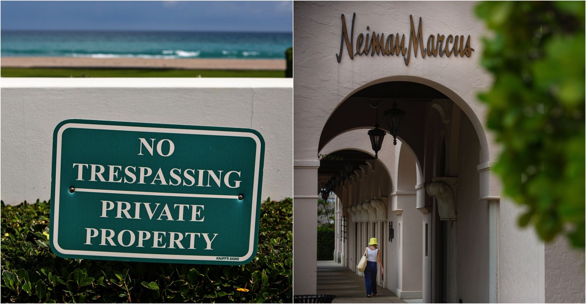 At left, a sign near a wall by the beach reads "No trespassing / Private property." At right, a closed Neiman Marcus store.