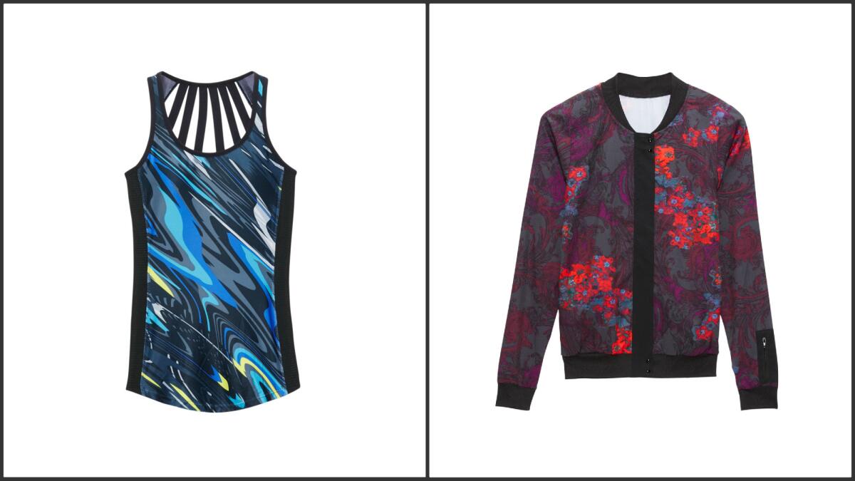 From left, Fabletics print Kenyon tank top with built-in bra and strappy back detailing, $54.95, print Ithaca jacket, $79.95, at fabletics.com.