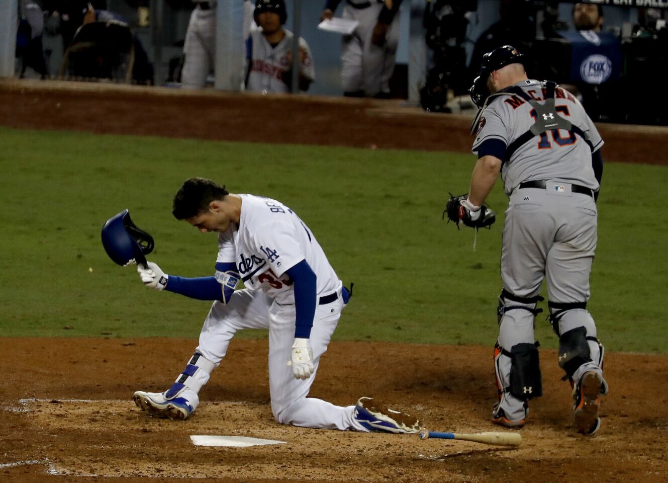 Cody Bellinger reacts after striking out in the eighth inning.