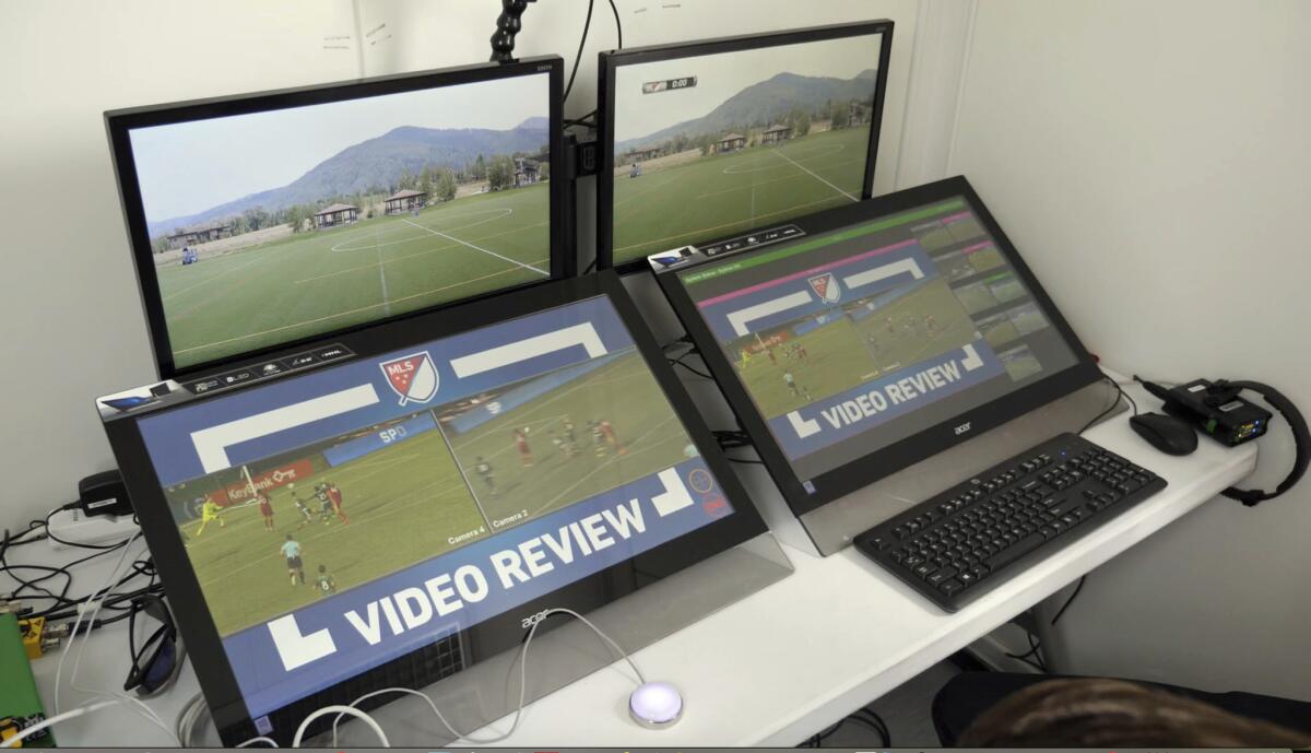 Review screens are set up before a scrimmage in Park City, Utah, as part of a training camp for MLS referees to become familiar with the use of the video assistant referees.