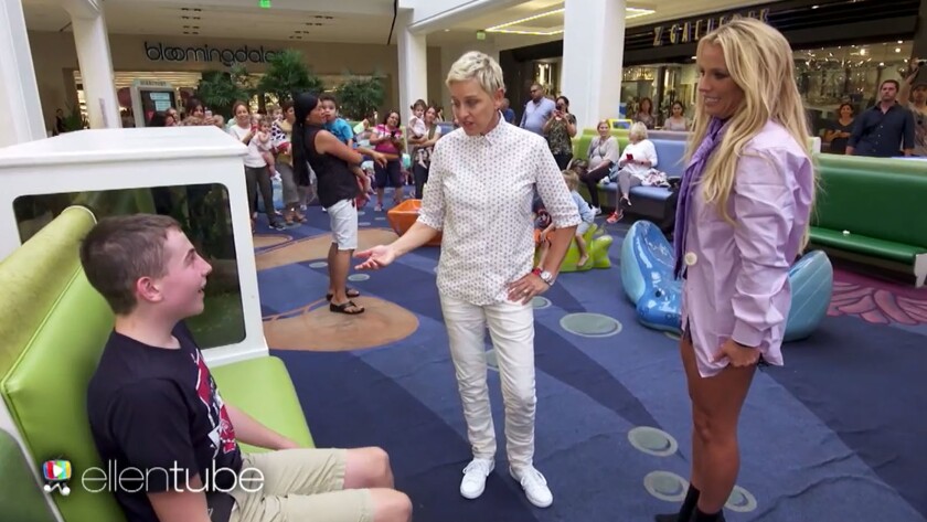 At the mall, Ellen DeGeneres and Britney Spears counsel a young man about his future.