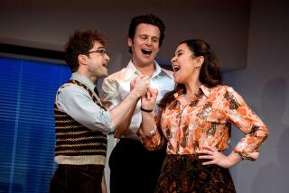 Daniel Radcliffe, Jonathan Groff and Lindsay Mendez in 'Merrily We Roll Along' at New York Theatre Workshop,