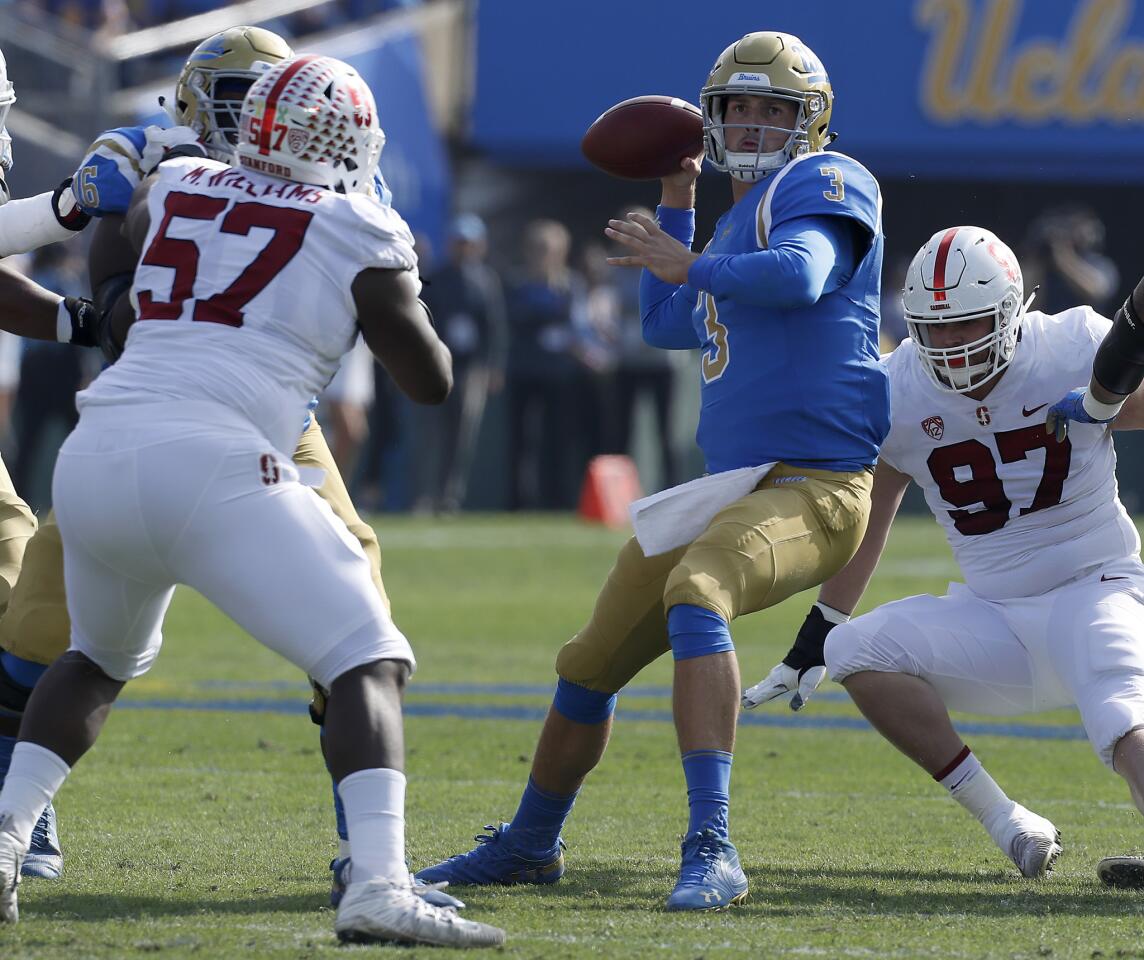 UCLA quarterback Wilton Speight tries to throw while under pressure against Stanford during the first quarter.