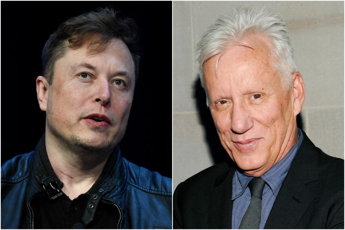 Separate photos of Elon Musk speaking in a black leather jacket and James Woods posing in a black suit
