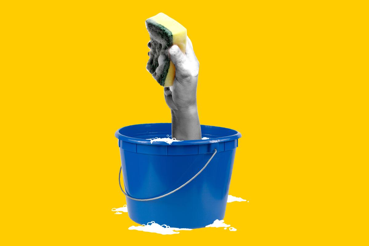 Illustration of a hand holding a sponge sticking out of a cleaning bucket